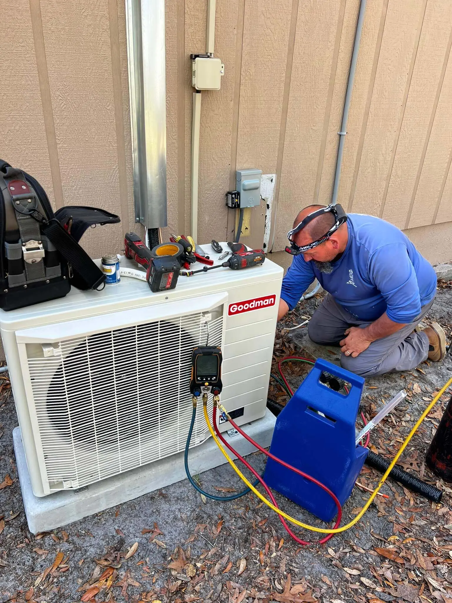 HVAC repair job in progress by a Farrell Air Conditioning technician in Pasco County, FL